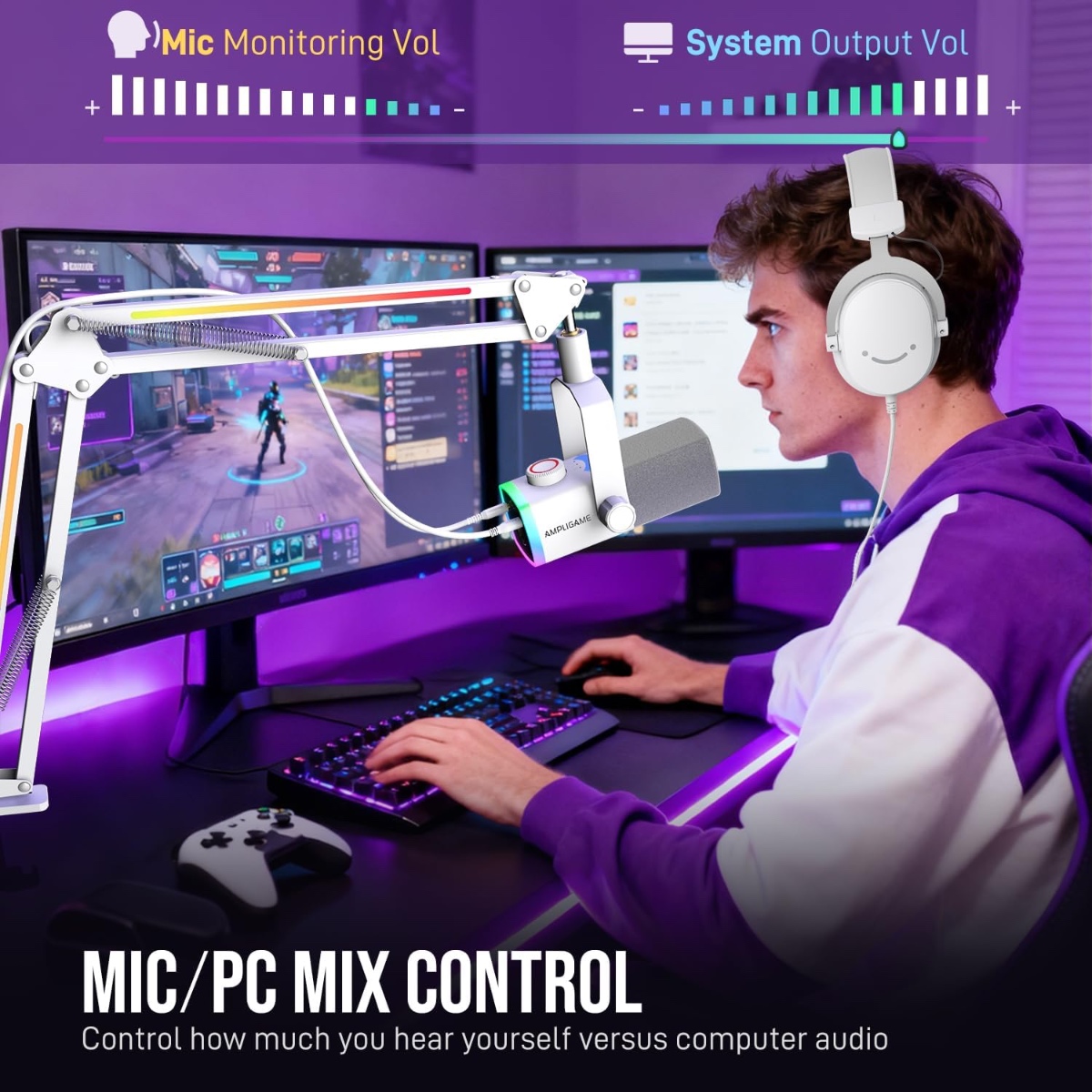 AM8PROT Dynamic Microphone Kit with RGB Boom Arm Stand (WHT) thumbnail 6