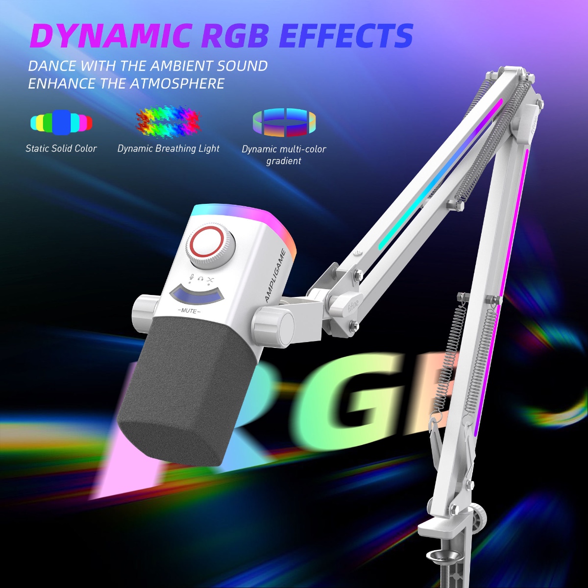 AM8PROT Dynamic Microphone Kit with RGB Boom Arm Stand (WHT) thumbnail 12